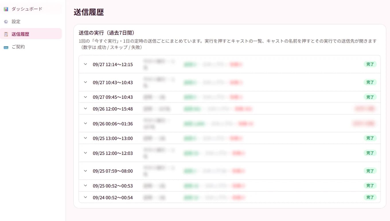 Mitene Boost の管理画面。過去7日間の送信の実行が、実行ごとに送信・スキップ・失敗の件数と一緒に並んでいる。