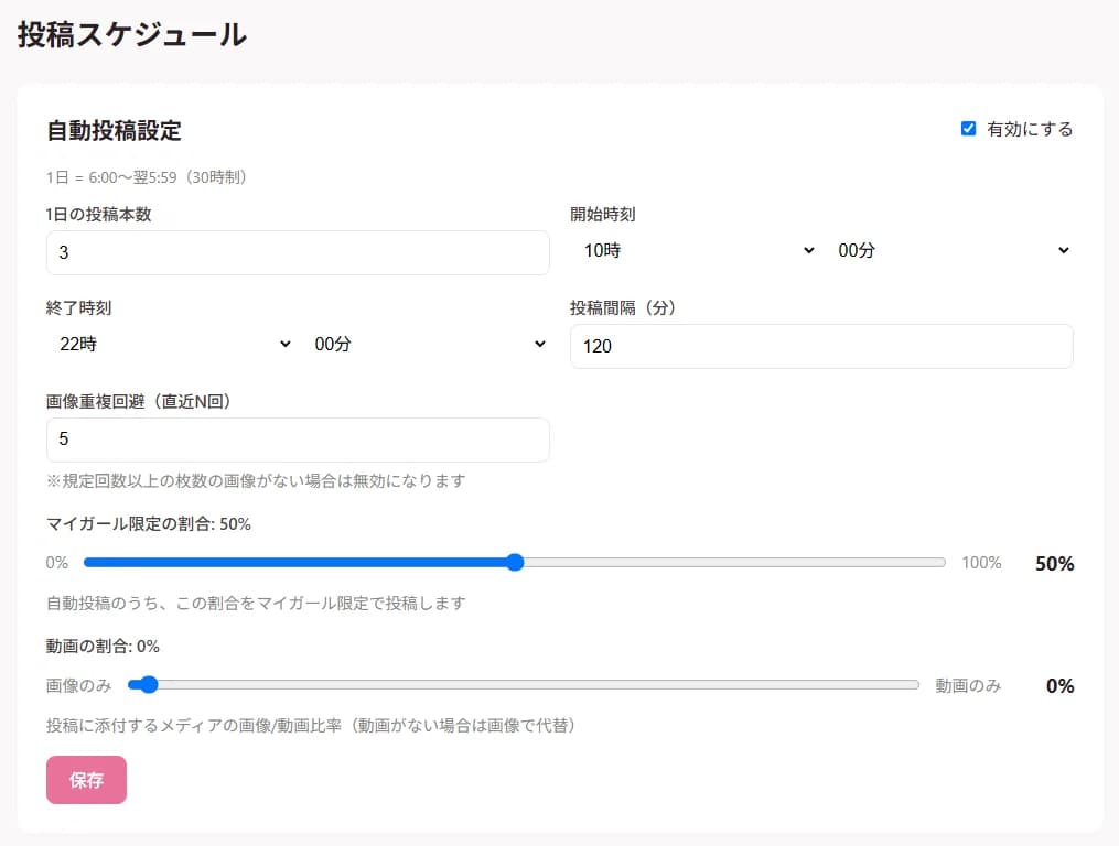 投稿スケジュール画面。1日の投稿本数、開始時刻と終了時刻、投稿間隔、画像重複回避の設定に加えて、マイガール限定の割合と動画の割合をスライダーで指定している。
